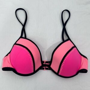 Victoria’s Secret Neon Pink Black Adjustable Strap Push Up Bikini Top Sz 34C